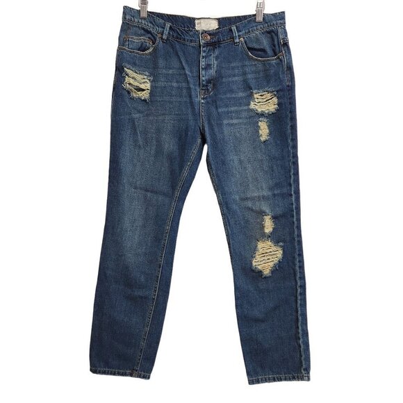 Free People Distressed Slim Straight Jeans 28 Blue Mid Rise Button Fly Denim - Picture 1 of 8